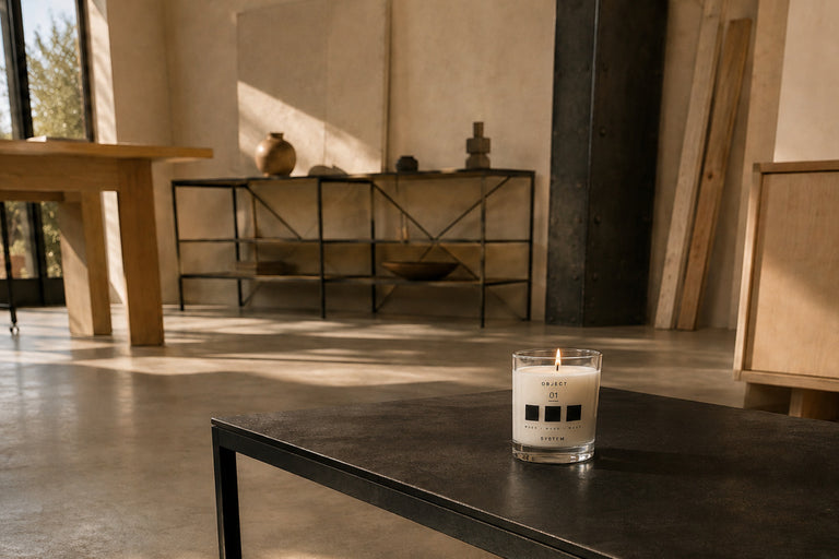 Composition 01 dry wood candle burning on a black table in a warm modern living room.